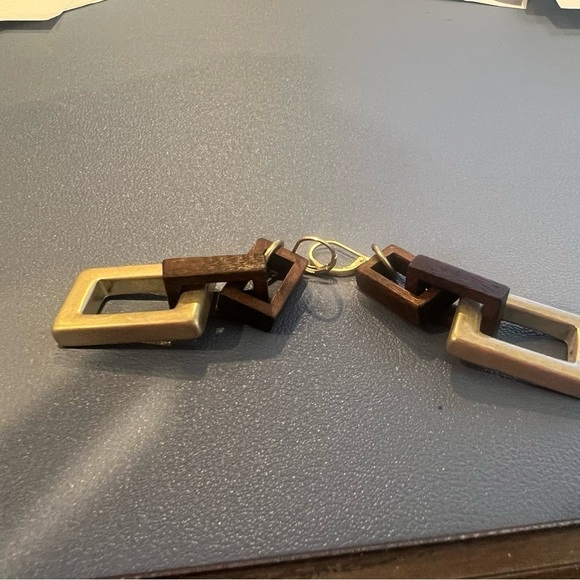 Gold & Brown Geometric Link Earrings for Pierced Ears Leverback French Closure - Picture 2 of 7